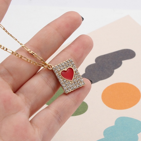 Picture of Zinc Based Alloy Valentine's Day Charms Gold Plated Rectangle Heart Enamel Clear Rhinestone 20mm x 16mm