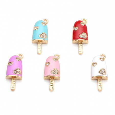 Zinc Based Alloy Charms Gold Plated Multicolor Ice Cream Heart Enamel Clear Rhinestone 25mm x 9mm