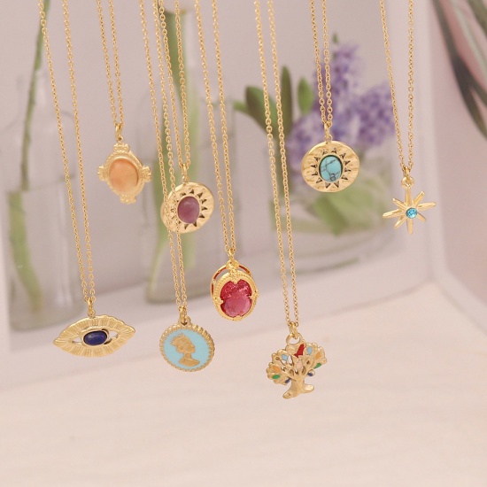 Picture of Stainless Steel Ins Style Necklace Gold Plated Multicolor Geometric Imitation Gemstones 40cm(15 6/8") long