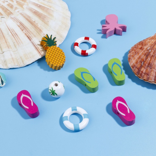 Picture of Wood Ocean Jewelry Spacer Beads Multicolor Pineapple/ Ananas Fruit Coconut Palm Tree