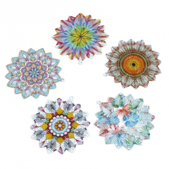 Image de Pendentifs Estampe en Filigrane en Alliage de Fer Fleur Multicolore Laqué 4.7cm x 4.4cm, 5 Pcs