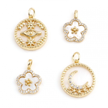 Breloques en Coquille+Cuivre Plaqué Or Véritable à Zircone Cubique Clair 1 Pièce
