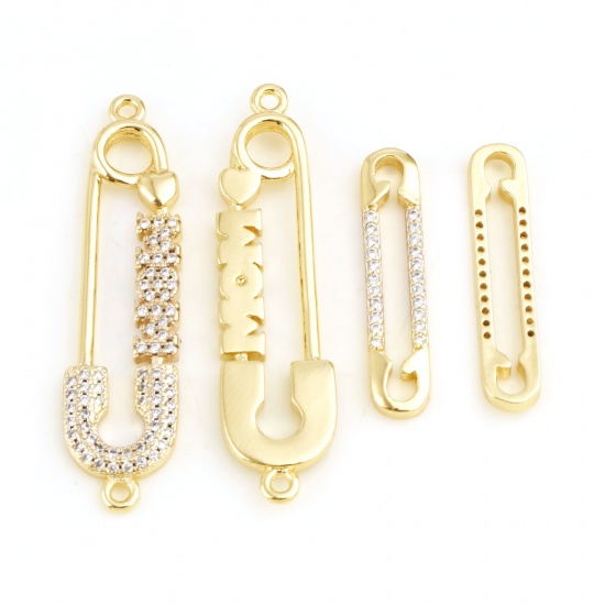 Picture of Brass Clothes Connectors Real Gold Plated Pin Clear Cubic Zirconia