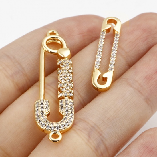 Picture of Brass Clothes Connectors Real Gold Plated Pin Clear Cubic Zirconia