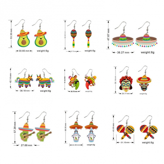 Picture of Acrylic Mexico Ethnic Ear Wire Hook Earrings Silver Tone Multicolor Cactus Hat