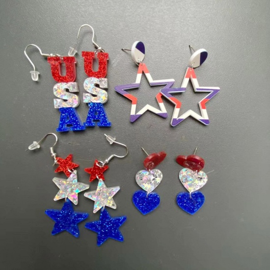 Picture of Acrylic American Independence Day Earrings Silver Tone Multicolor Heart Star
