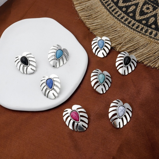Picture of Zinc Based Alloy Boho Chic Bohemia Metal Sewing Shank Buttons Single Hole Antique Silver Color Monstera Leaf With Resin Cabochons 29mm x 25mm