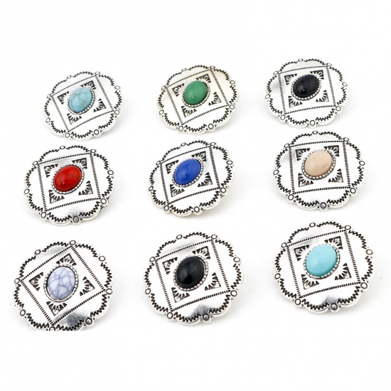 Picture of Zinc Based Alloy Boho Chic Bohemia Metal Sewing Shank Buttons Single Hole Antique Silver Color Multicolor Flower Carved Pattern With Resin Cabochons 3cm x 2.9cm
