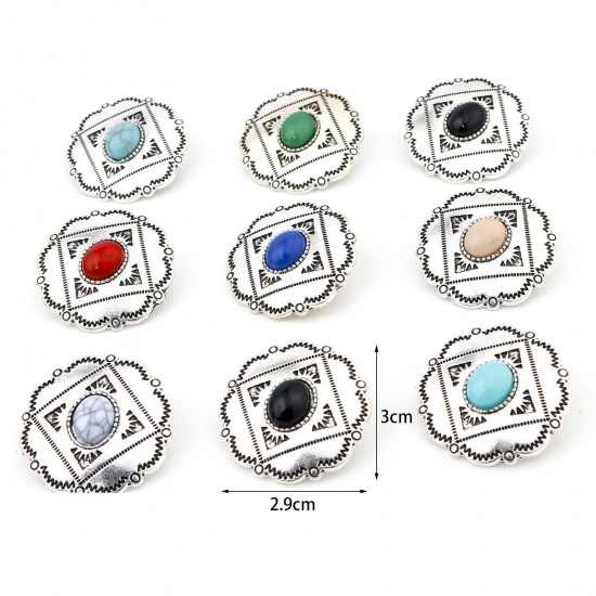Picture of Zinc Based Alloy Boho Chic Bohemia Metal Sewing Shank Buttons Single Hole Antique Silver Color Multicolor Flower Carved Pattern With Resin Cabochons 3cm x 2.9cm