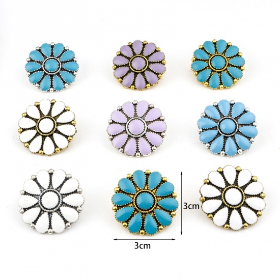 Bild von Zinklegierung Böhmischer Stil Metall Ösenknöpfe Einzeln Loch Bunt Blumen Emaille 3cm x 3cm, 2 Stück