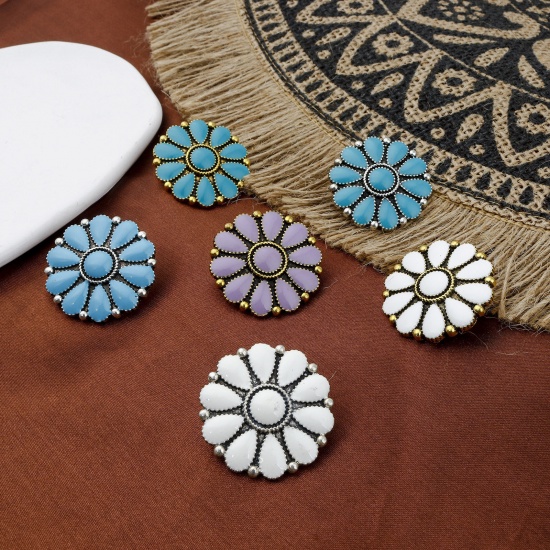 Picture of Zinc Based Alloy Boho Chic Bohemia Metal Sewing Shank Buttons Single Hole Multicolor Flower Enamel 3cm x 3cm