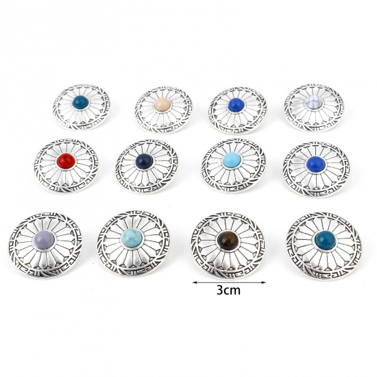 Picture of Zinc Based Alloy Boho Chic Bohemia Metal Sewing Shank Buttons Single Hole Antique Silver Color Multicolor Round Carved Pattern With Resin Cabochons 3cm Dia.