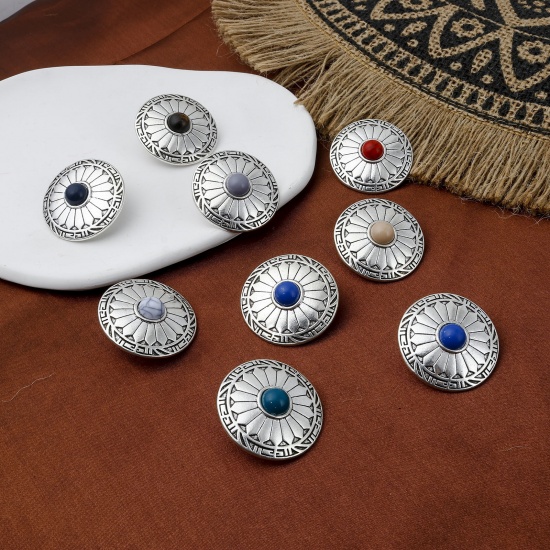 Picture of Zinc Based Alloy Boho Chic Bohemia Metal Sewing Shank Buttons Single Hole Antique Silver Color Multicolor Round Carved Pattern With Resin Cabochons 3cm Dia.