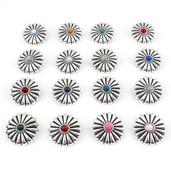 Picture of Zinc Based Alloy Boho Chic Bohemia Metal Sewing Shank Buttons Single Hole Antique Silver Color Multicolor Chrysanthemum Flower With Resin Cabochons 29mm x 29mm