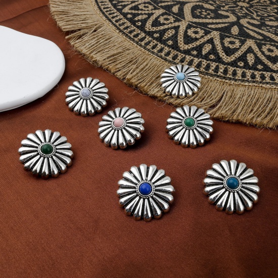 Picture of Zinc Based Alloy Boho Chic Bohemia Metal Sewing Shank Buttons Single Hole Antique Silver Color Multicolor Chrysanthemum Flower With Resin Cabochons 29mm x 29mm