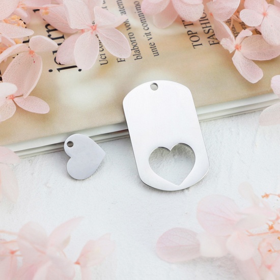 Picture of 304 Stainless Steel Valentine's Day Pendants Geometric Silver Tone Blank Stamping Tags Two Sides