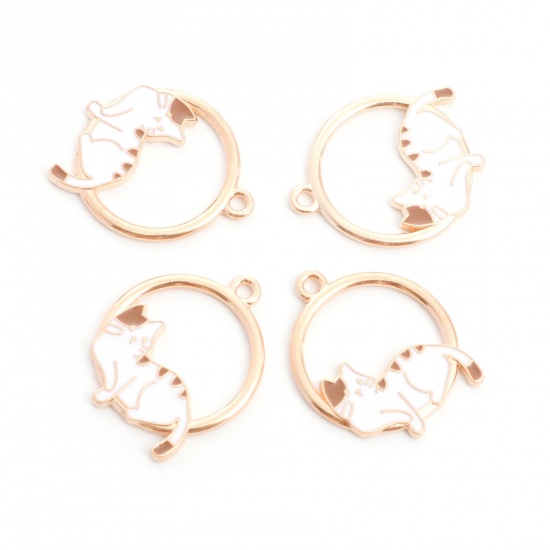Picture of Zinc Based Alloy Charms Round Gold Plated White & Coffee Cat Enamel