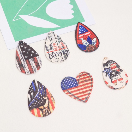Picture of PU Leather American Independence Day Pendants Multicolor National Flag 5.6cm x 3.8cm