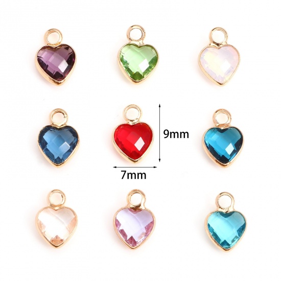 Picture of Copper & Glass Charms Gold Plated Multicolor Heart Faceted 9mm x 7mm