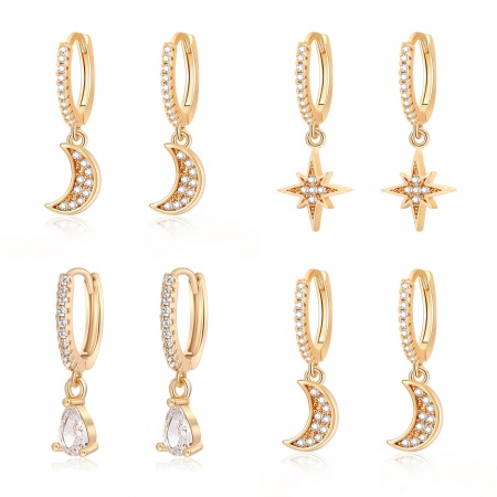 2 PCs Eco-friendly Dainty Brass Star Moon Hoop Earrings For Women Gift