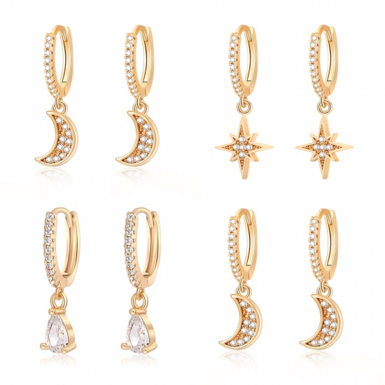 Imagen de 2 PCs Eco-friendly Dainty Brass Star Moon Hoop Earrings For Women Gift