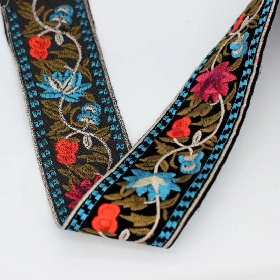 Изображение Полиэстер Этнические Жаккардовые ленты Разноцветный Цветок Вышивка 5см, 10 Ярд