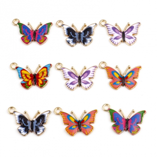 Picture of Zinc Based Alloy Insect Charms Gold Plated Multicolor Butterfly Animal Enamel 22mm x 15mm