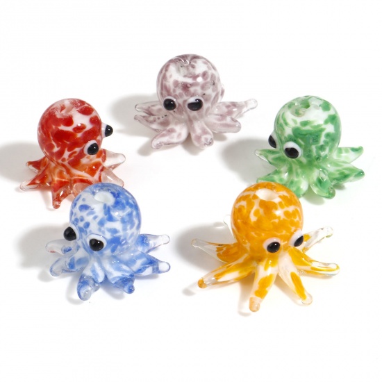 Picture of Lampwork Glass Ocean Jewelry Beads Octopus Multicolor Dot About 22x16mm - 18x15mm