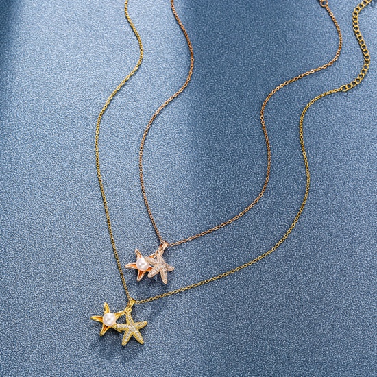 Picture of Titanium Steel Ocean Jewelry Necklace Multicolor Star Fish Clear Rhinestone 40cm(15 6/8") long