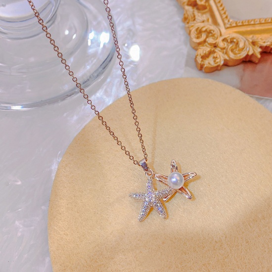 Picture of Titanium Steel Ocean Jewelry Necklace Multicolor Star Fish Clear Rhinestone 40cm(15 6/8") long