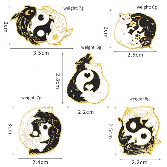 Bild von Religiös Brosche Tier Yin Yang Symbol Vergoldet Schwarz & Weiß Emaille 1 Stück