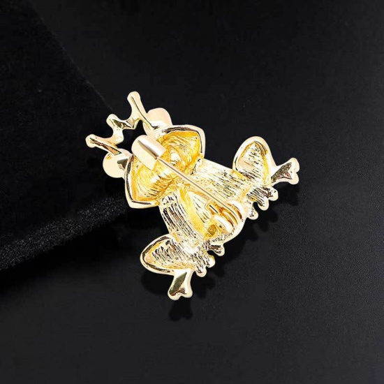 Picture of Fairy Tale Collection Pin Brooches Crown Frog Gold Plated Multicolor Enamel Green Rhinestone 3cm x 3cm