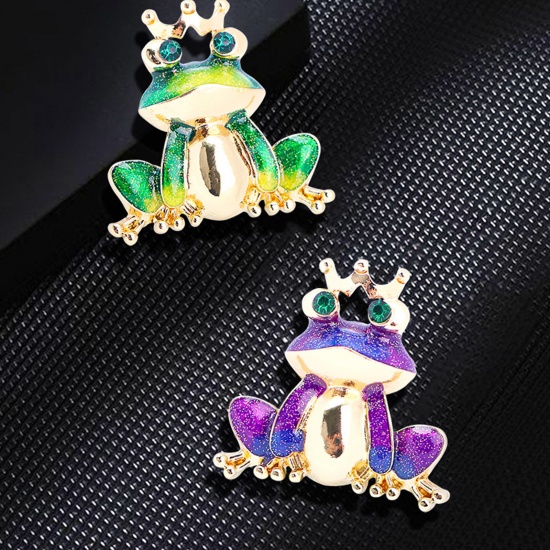 Picture of Fairy Tale Collection Pin Brooches Crown Frog Gold Plated Multicolor Enamel Green Rhinestone 3cm x 3cm