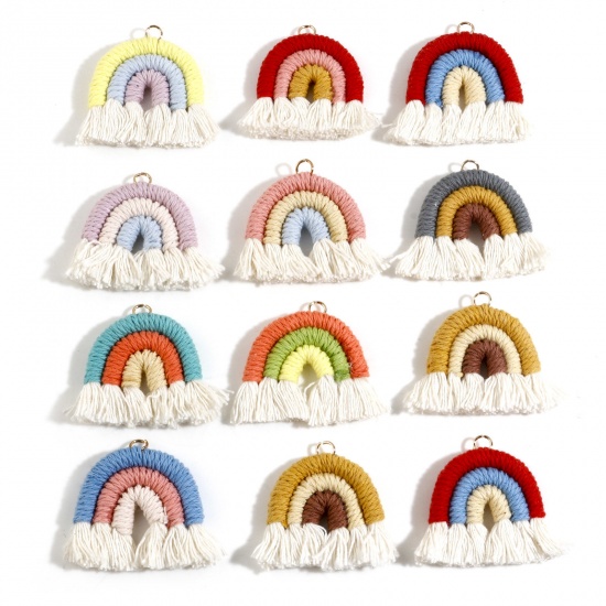 Picture of Cotton Braided Tassel Pendants Rainbow Multicolor Handmade 4cm x 3.5cm