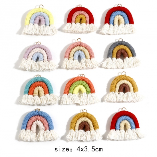 Picture of Cotton Braided Tassel Pendants Rainbow Multicolor Handmade 4cm x 3.5cm
