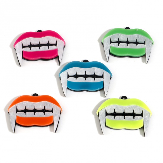Picture of Acrylic Halloween Pendants Lip Multicolor Grinning Face 3.8cm x 2.9cm