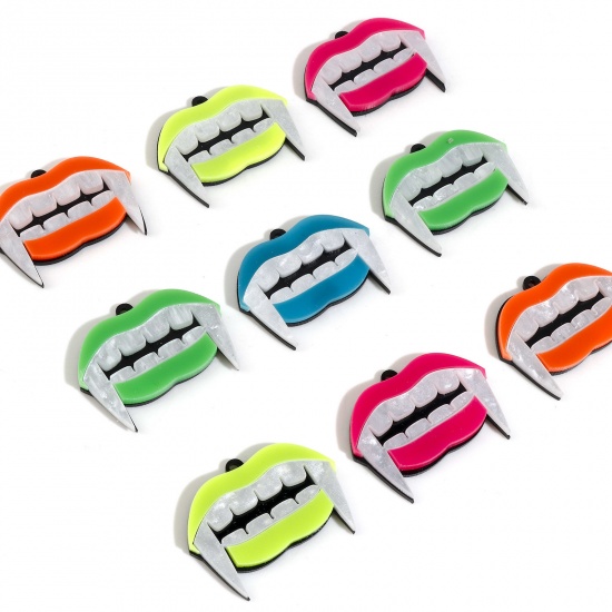Picture of Acrylic Halloween Pendants Lip Multicolor Grinning Face 3.8cm x 2.9cm