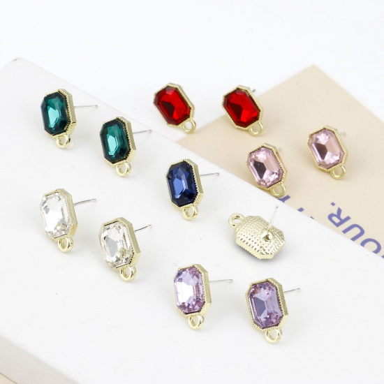 Picture of Zinc Based Alloy & Glass Geometry Series Ear Post Stud Earrings Findings Octagon Gold Plated Multicolor With Loop 15mm x 10mm