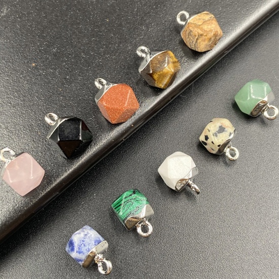 Picture of Gemstone ( Natural ) Charms Silver Tone Multicolor Octagon Faceted 12mm x 8mm