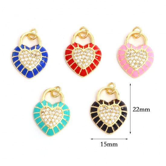 Picture of Brass Valentine's Day Charms Gold Plated Multicolor Heart Lock Enamel Clear Rhinestone 22mm x 15mm                                                                                                                                                            