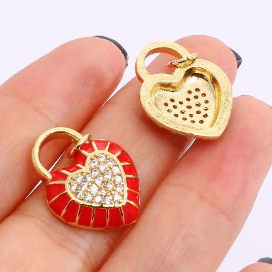 Picture of Brass Valentine's Day Charms Gold Plated Multicolor Heart Lock Enamel Clear Rhinestone 22mm x 15mm                                                                                                                                                            