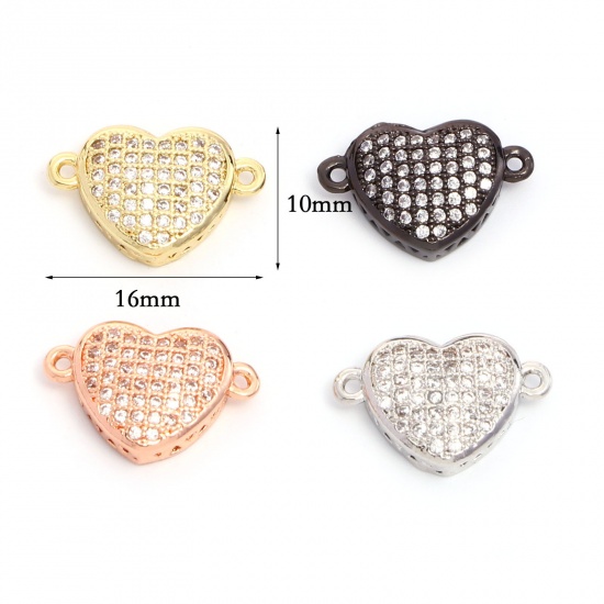 Image de Connecteurs La Saint Valentin en Laiton Cœur Micro Pave à Zircone Cubique Clair 16mm x 10mm, 2 Pcs