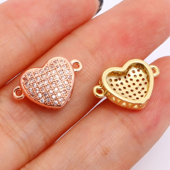 Image de Connecteurs La Saint Valentin en Laiton Cœur Micro Pave à Zircone Cubique Clair 16mm x 10mm, 2 Pcs
