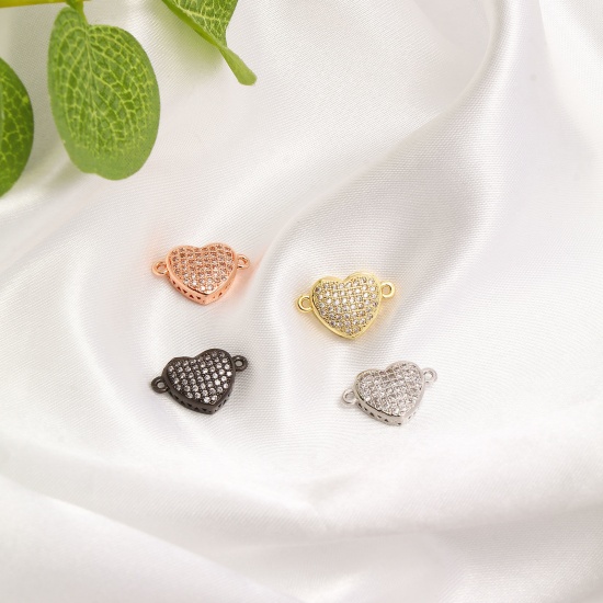 Image de Connecteurs La Saint Valentin en Laiton Cœur Micro Pave à Zircone Cubique Clair 16mm x 10mm, 2 Pcs