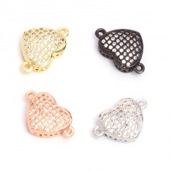 Image de Connecteurs La Saint Valentin en Laiton Cœur Micro Pave à Zircone Cubique Clair 16mm x 10mm, 2 Pcs
