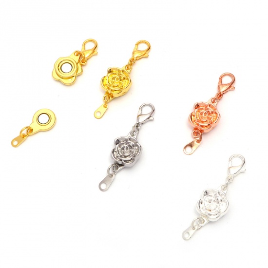 Picture of Zinc Based Alloy Flora Collection Magnetic Clasps Necklaces Clasp Rose Flower Multicolor With Lobster Claw Clasp 4.1cm x 1.2cm