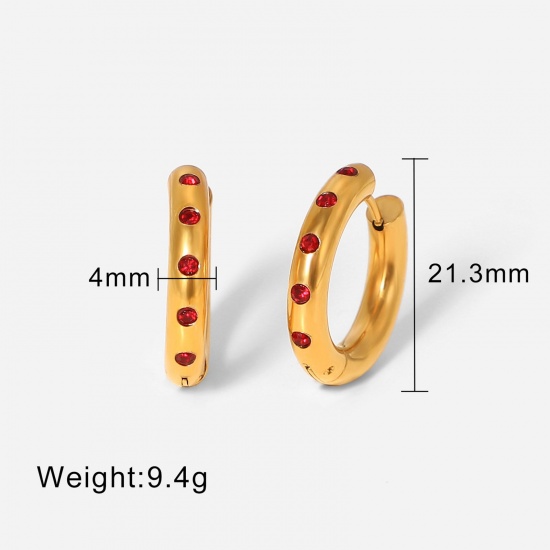 Picture of Stainless Steel Ins Style Hoop Earrings 18K Gold Plated Round Multicolor Rhinestone 2cm Dia.