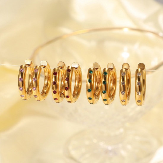 Picture of Stainless Steel Ins Style Hoop Earrings 18K Gold Plated Round Multicolor Rhinestone 2cm Dia.