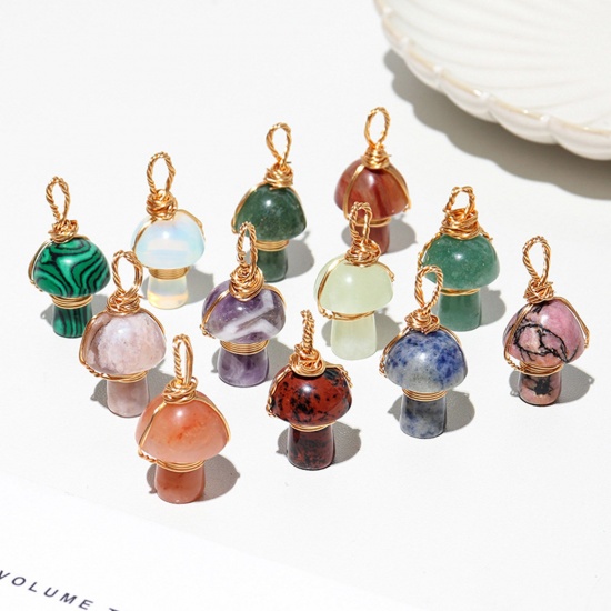 Picture of Stone ( Natural ) Copper Wire Wrapped Charms Gold Plated Multicolor Mushroom 2cm