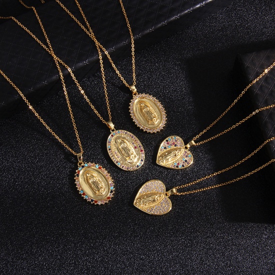 Picture of Stainless Steel & Copper Religious Necklace Gold Plated Geometric Virgin Mary Multicolour Cubic Zirconia 40cm(15 6/8") long